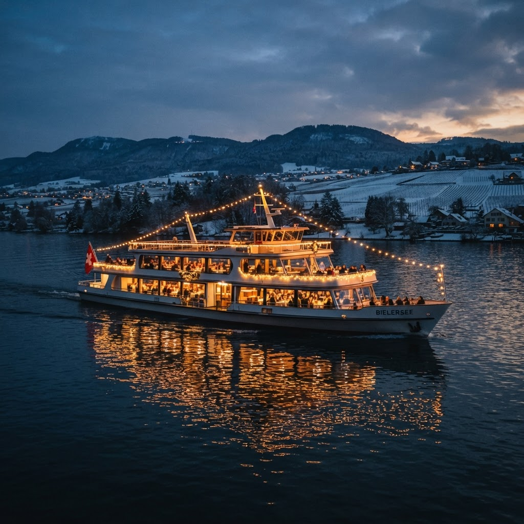 Festlich beleuchtetes Schiff auf dem Bielersee in der Winterdämmerung